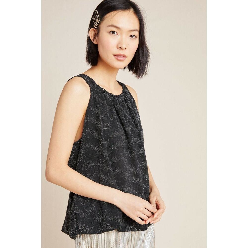 Anthropologie Shimmer Carly Bubble Hem Blouse Sz L Black Silver Metallic Zig Zag